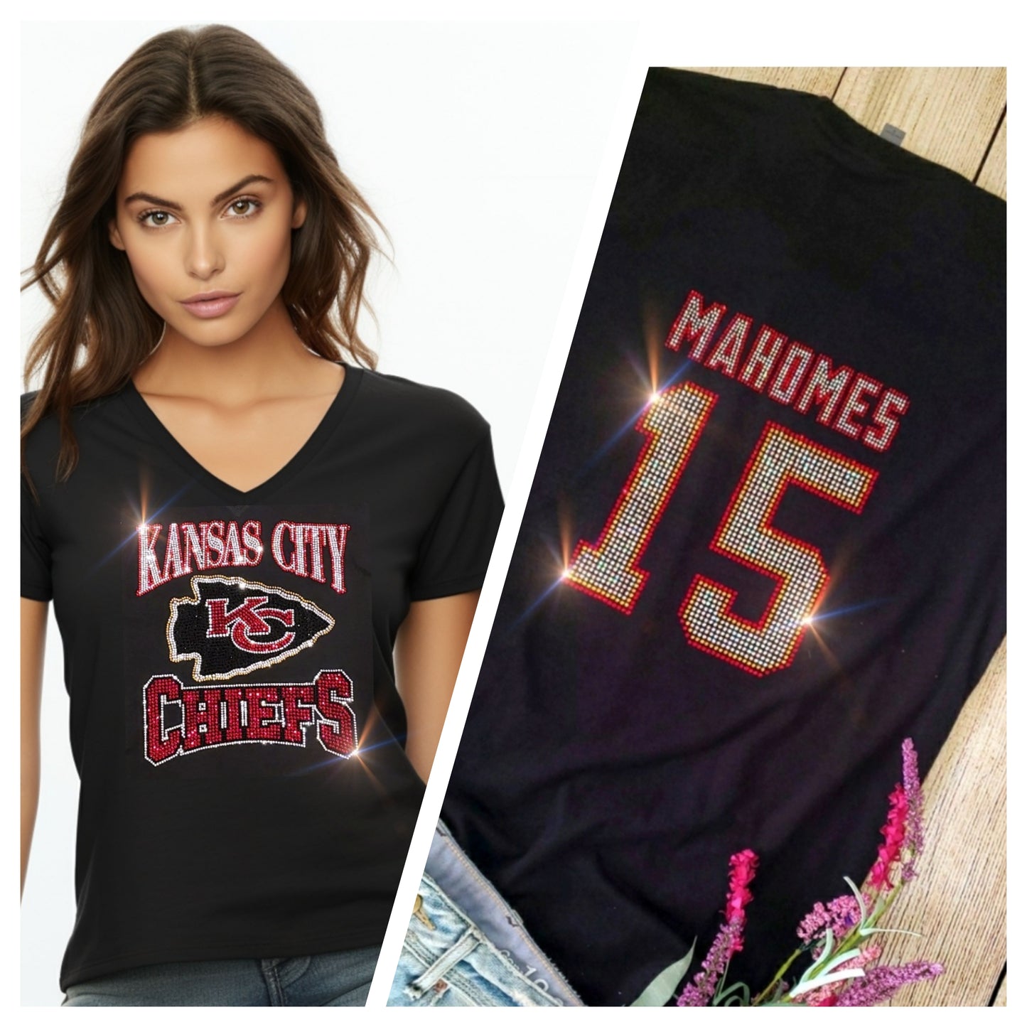 Rhinestone Chiefs Mahomes #15 Women's Relaxed Fit V-Neck T-shirt Bling Kansas City Chiefs