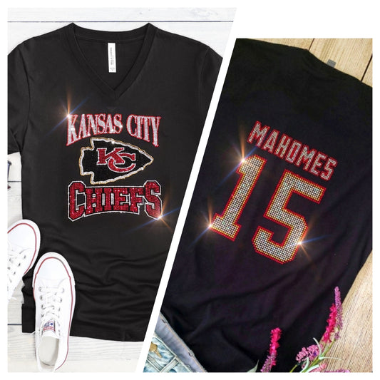 Kansas City Chiefs Mahomes #15 UNISEX Crewneck OR V-Neck T-Shirt Bling Chiefs Tshirt