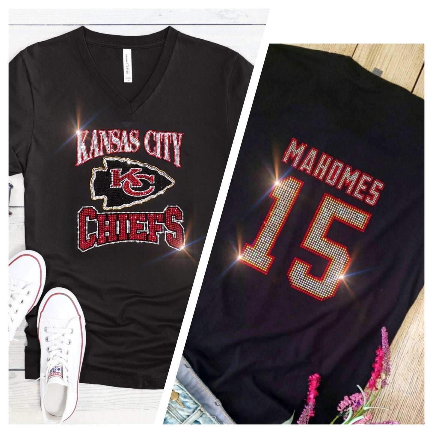 Rhinestone Chiefs Mahomes #15 Women's Relaxed Fit V-Neck T-shirt Bling Kansas City Chiefs