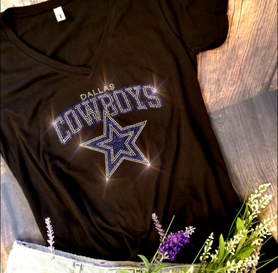 Rhinestone Cowboys Women's Relaxed Fit V-Neck T-shirt Bling Dallas Cowboys