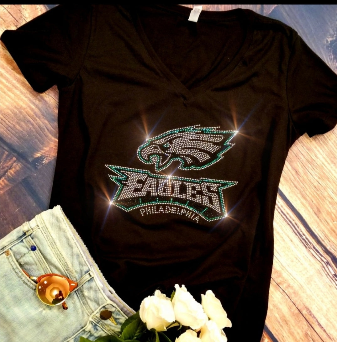 Rhinestone Eagles Women's Relaxed Fit V-Neck T-shirt  Bling Philadelphia Eagles