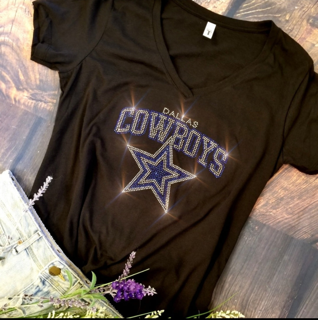 Rhinestone Cowboys Women's Relaxed Fit V-Neck T-shirt Bling Dallas Cowboys