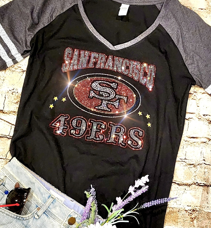 Rhinestone 49ers Women's Relaxed Fit V-Neck T-shirt Striped Sleeve Bling San Francisco 49ers Top