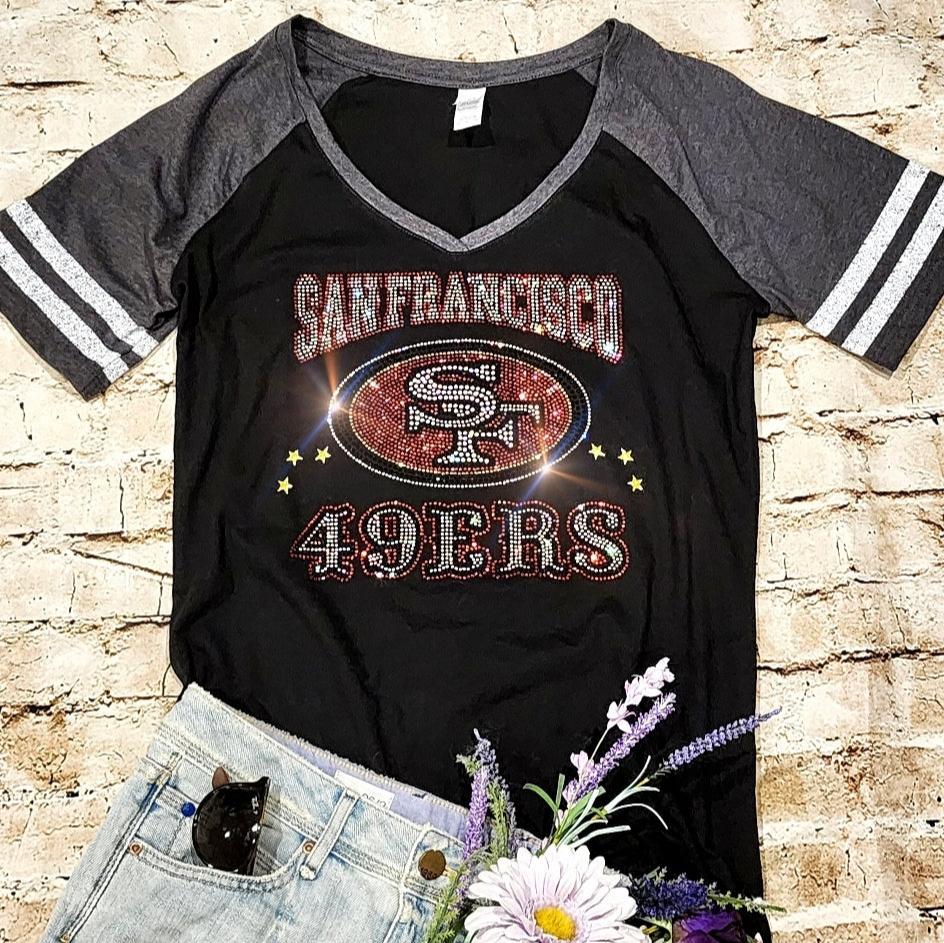 Rhinestone 49ers Women's Relaxed Fit V-Neck T-shirt Striped Sleeve Bling San Francisco 49ers Top