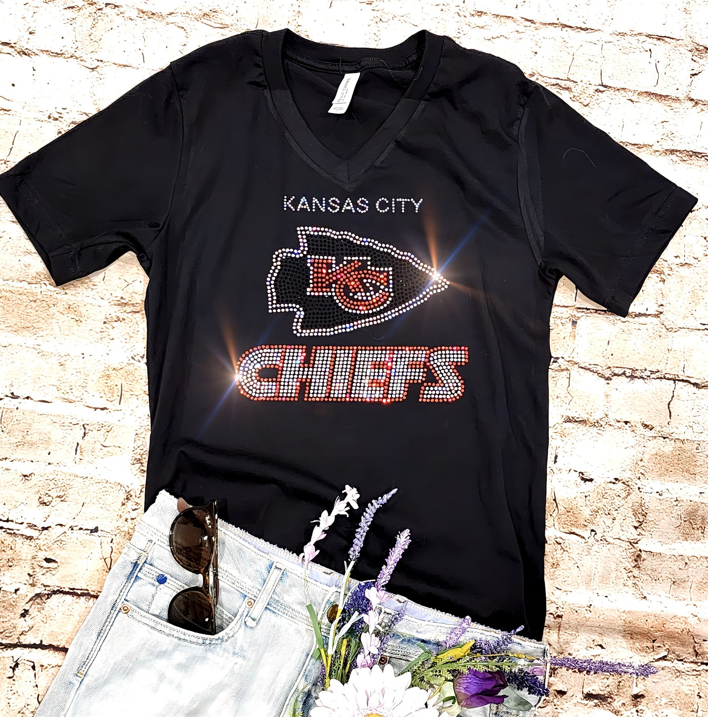 Rhinestone Chiefs UNISEX Crewneck Black T-shirt Bling Kansas City Chiefs Women's Shirt