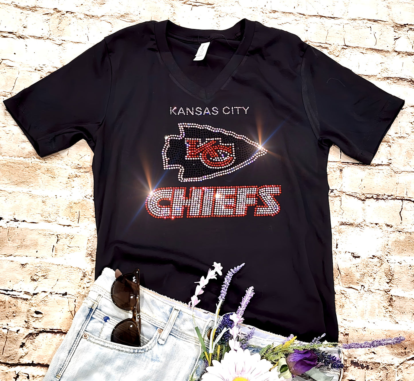 Rhinestone Chiefs UNISEX Crewneck Black T-shirt Bling Kansas City Chiefs Women's Shirt