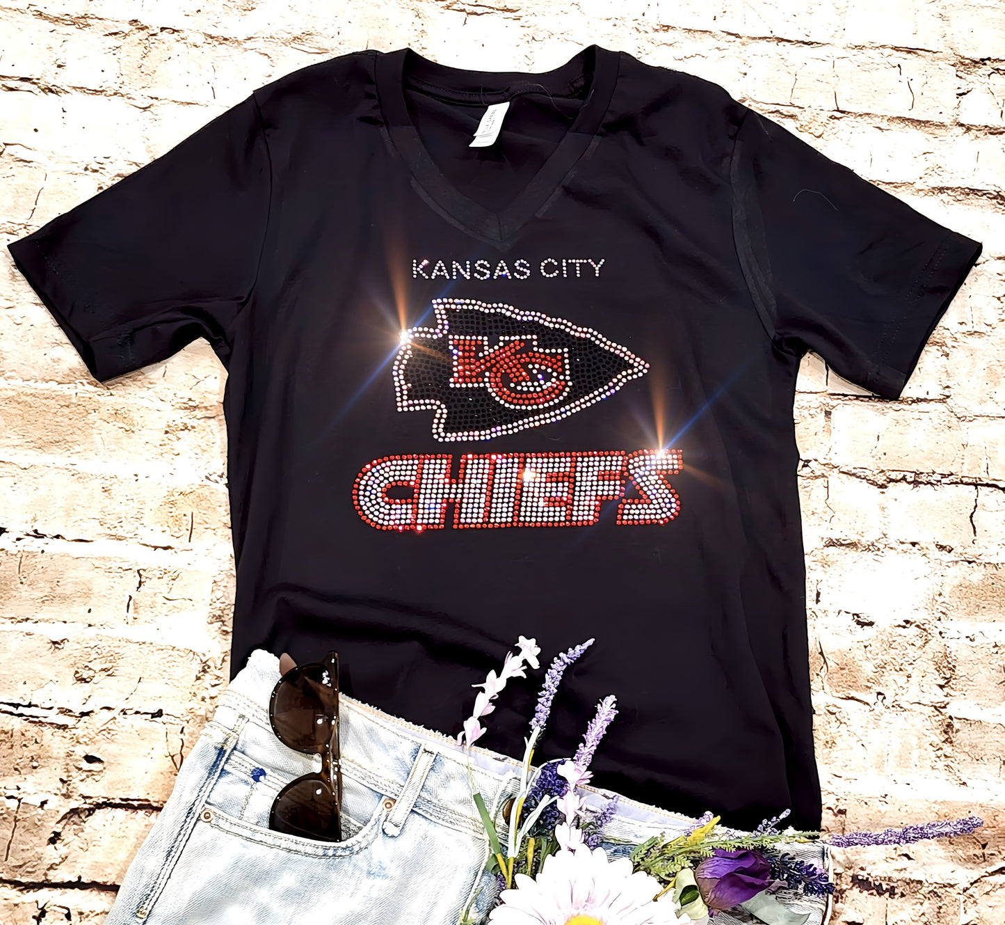 Rhinestone Chiefs UNISEX Crewneck Black T-shirt Bling Kansas City Chiefs Women's Shirt